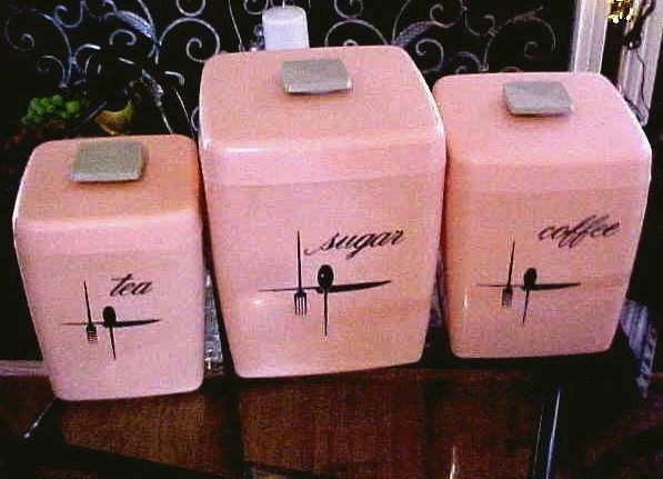 Cottage Chic Retro Vintage Pink Nesting Kitchen Canister Set of Three
