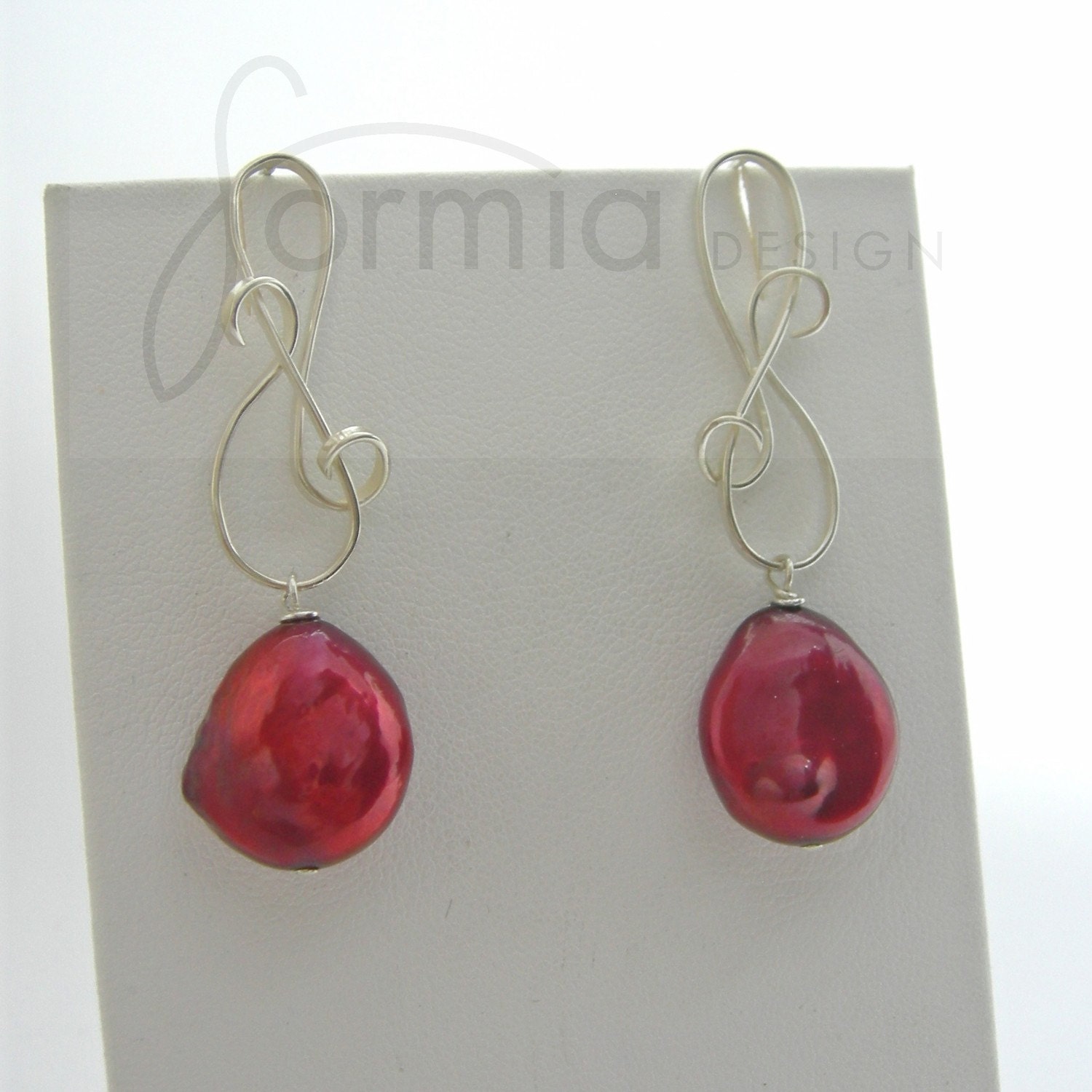 Silver wire design with Red pearl dangle