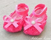 baby shoes - crib shoes - Hot pink rosette shoes with hot pink bow pearl and rhinestone button baby booties shoes in your choice of size
