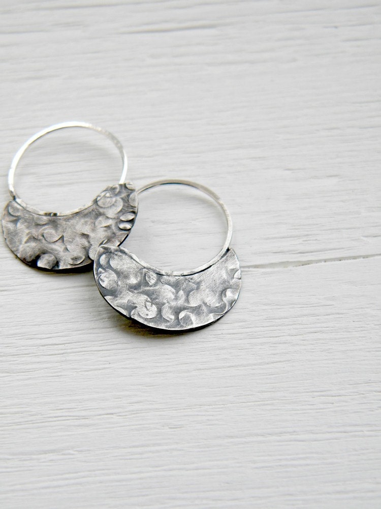 Little Urban Hoops -  Black and White Roses - handmade sterling silver organic look hoop earrings, textured and oxidized