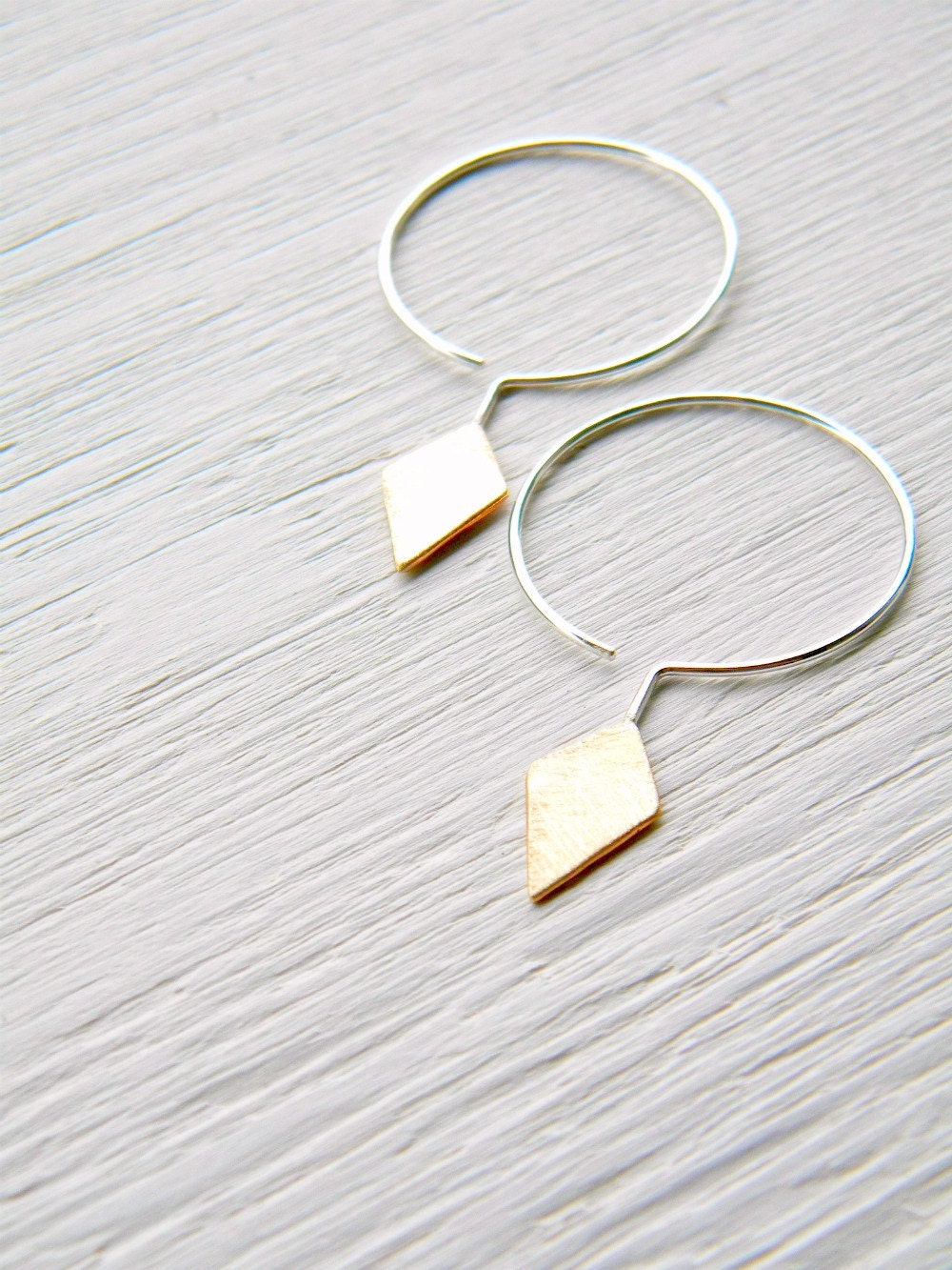 Sterling and Brass Geometric Hoops - handmade silver and brass scratched, diamond shape