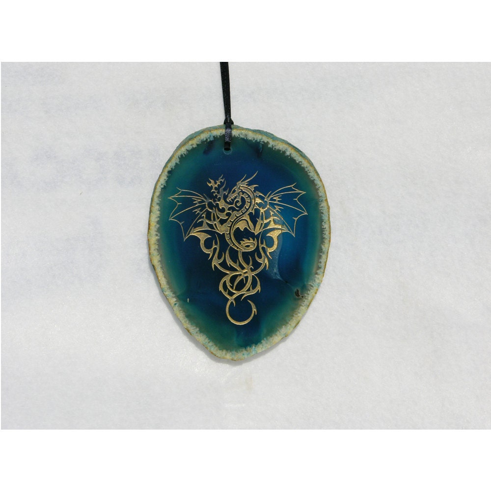 Agate Stone Slice W/ Sand Carved Dragon