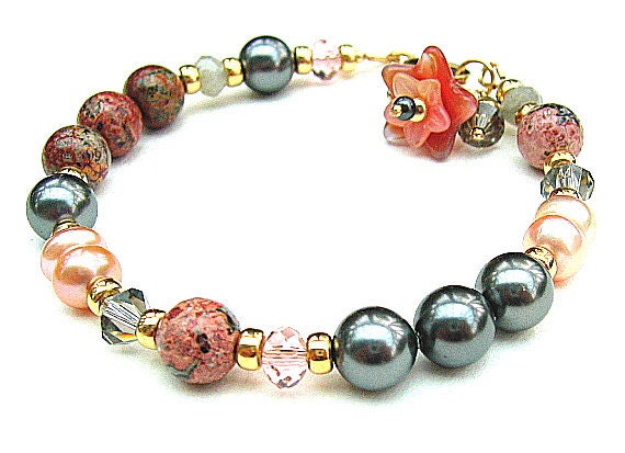 Multi Gemstone Bracelet, Glass Bracelet, Pearl Bracelet,Gold Bracelet, Flower Bracelet,Grey,Peach,Terracotta - HARMONY