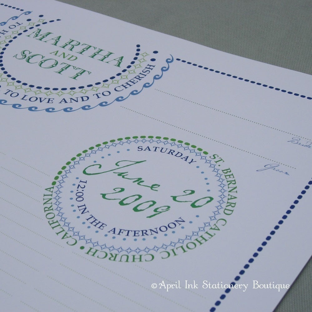Pretty Spirals in Blue and Green, Wedding Witness List Guest Book Alternative