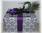 The SOPHISTICATED BRIDE Large Wedding Card Money Box MADISON  Damask and Peacock Plumed Feathers