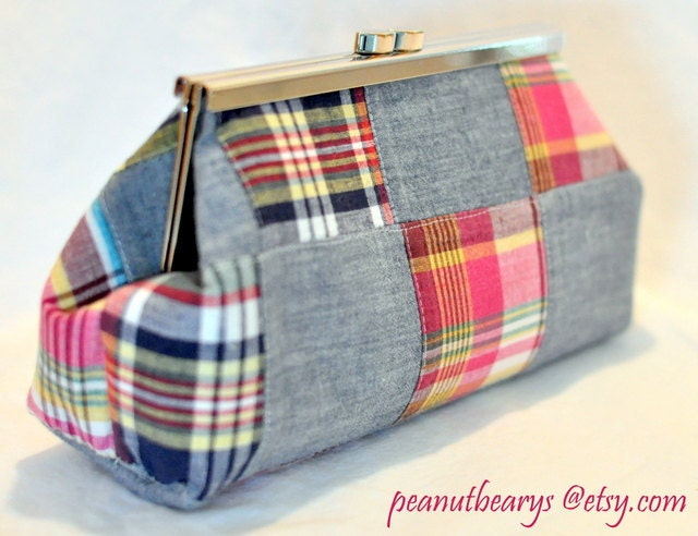 Clutch Purse , Madras pattern with blue dots, FREE SHIP
