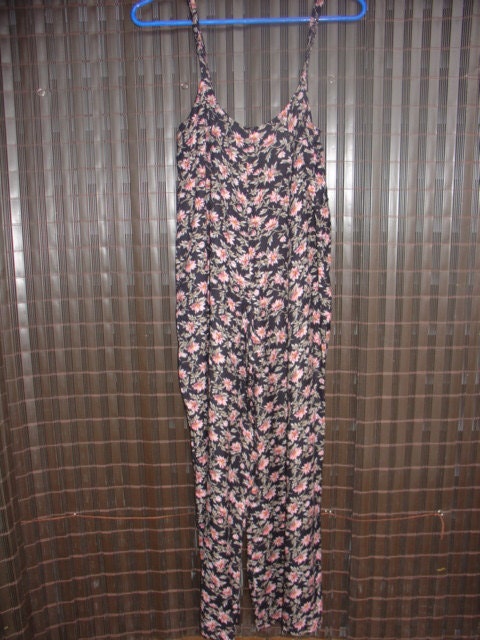 Vintage Floral Rayon Jumpsuit, Black with Pink and Green