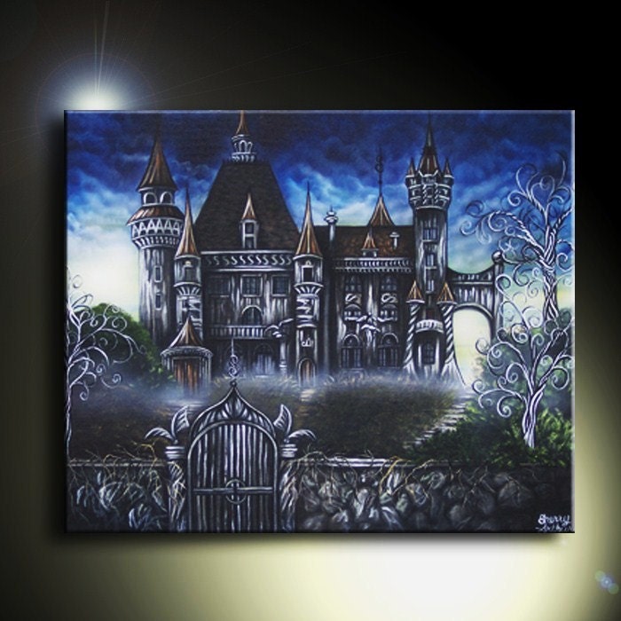 Original Painting Castle Landscape Swirly Trees 20x24  Blue Black White Brown