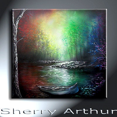 COLORFUL Canoe At River And Forest Rainbow Original Acrylic Landscape Painting 24x24 Vibrant