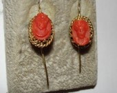 Sterling Silver and 14 kt Gold Vermeil Victorian Red Coral Cameo Drop Earrings
