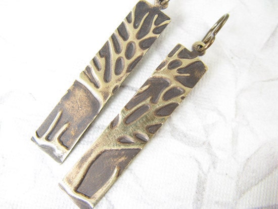 Brass Tree Earrings, Embossed Tree Image Earrings