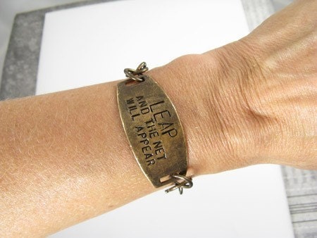 LEAP and the Net WIll Appear - hand stamped brass Bracelet