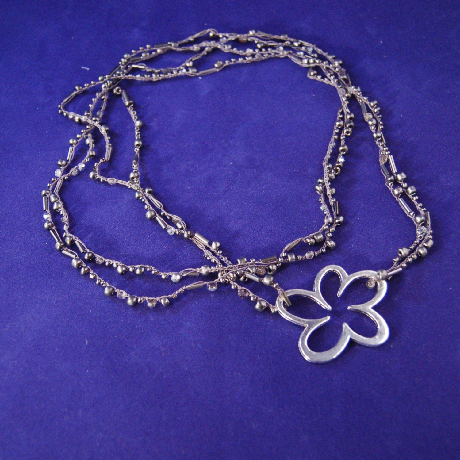 Daisy Doodle mixed seed bead crocheted multistrand silver necklace