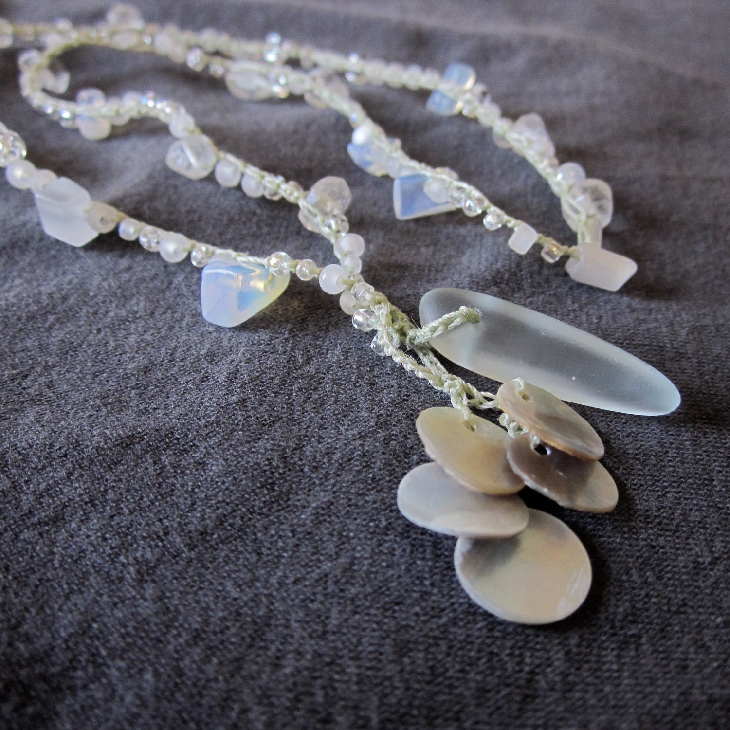Gift from the Sea crocheted lariat necklace with shell and beach glass