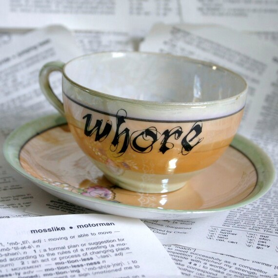 lustreware Whore Altered Vintage orange and sage teacup and saucer