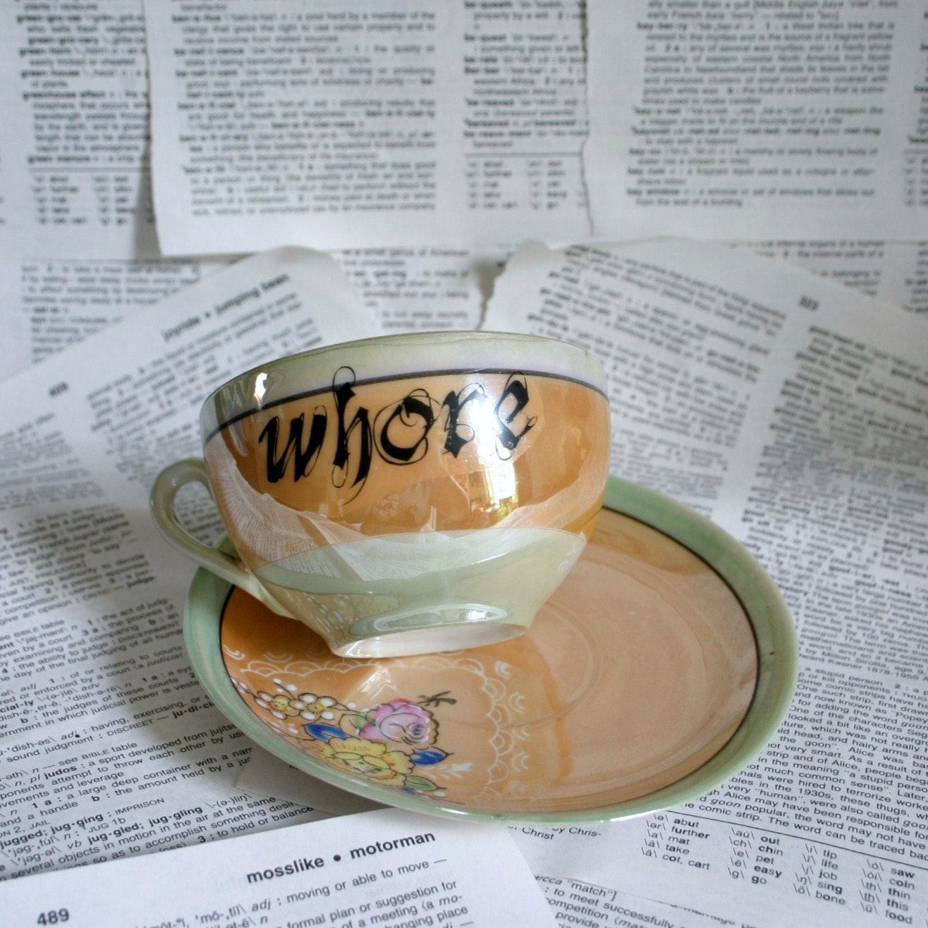 lustreware Whore Altered Vintage orange and sage teacup and saucer