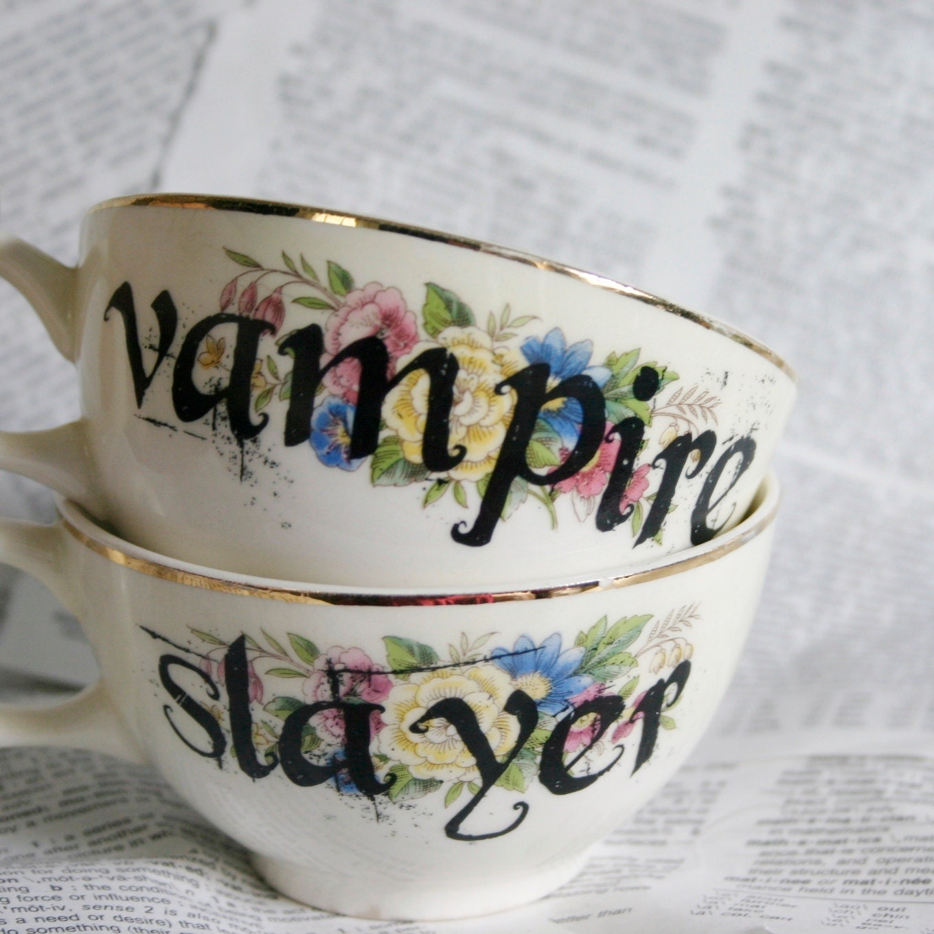 Cream Floral Vampire Slayer TeaCup Set