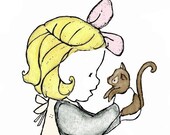Children's Art -- Kitty Girl Grey  -- 5x7 -- Art Print