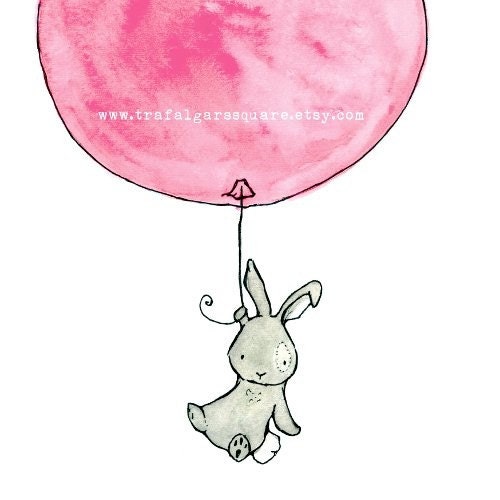Baby Art -- Bunny Balloon grey rabbit with Strawberry Ice Cream 8x10 -- Art Print
