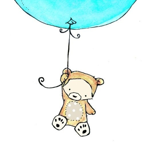Flying High Bear with an Aqua Splash Balloon 8x10 Nursery Art Print