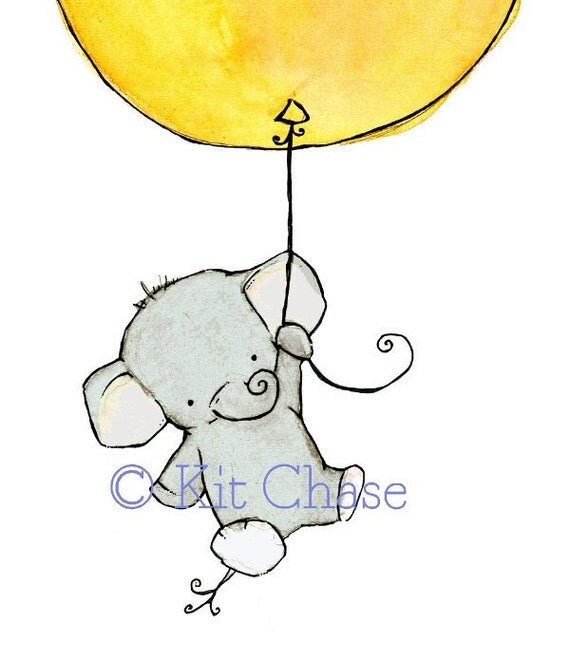 Children's Art Print -- 11x14 -- Flying High Elephant with a honey mustard balloon
