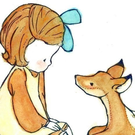 Children Art Print  woodland theme Deer Girl 5x7
