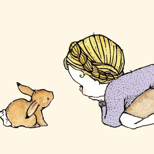 Children's Art -- Rabbit Girl a blonde girl in a lavender sweater 8X10 -- Art Print