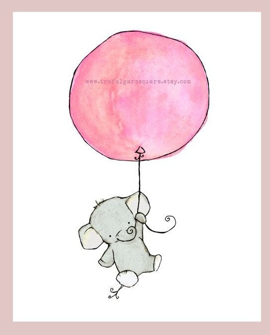 Nursery Art -- Flying High Girlie Pink Balloon 5x7 -- Art Print