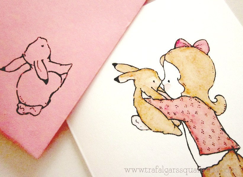 Bunny Kiss  Set of 4 Folded Greeting Cards  blank inside with pink ice cream cards
