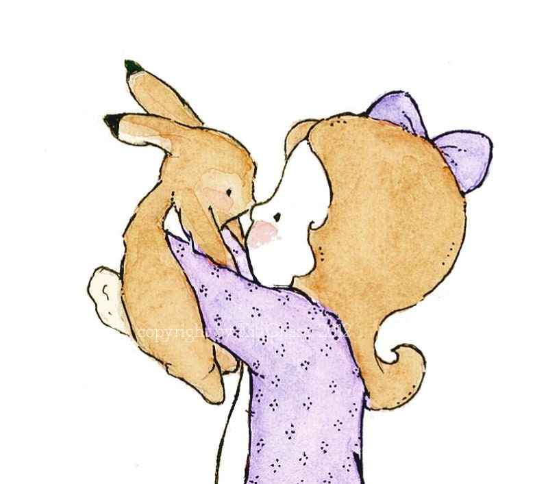woodland nursery decor-- Bunny Kiss lavender---5X7 Archival Art Print