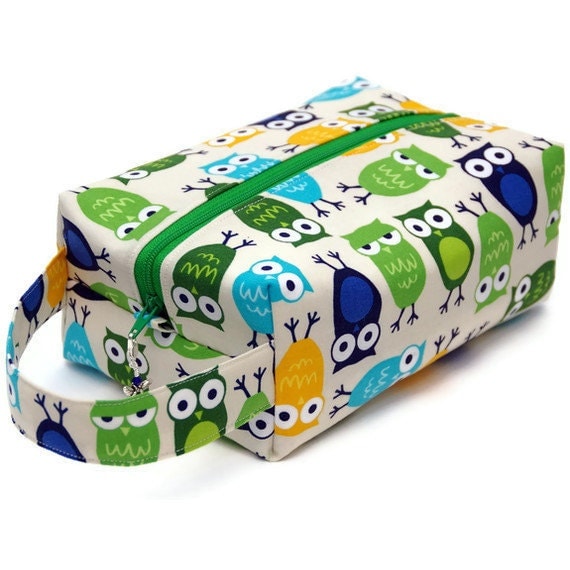 Knitting Project Bag Box Bag - Owls in Green and Blue