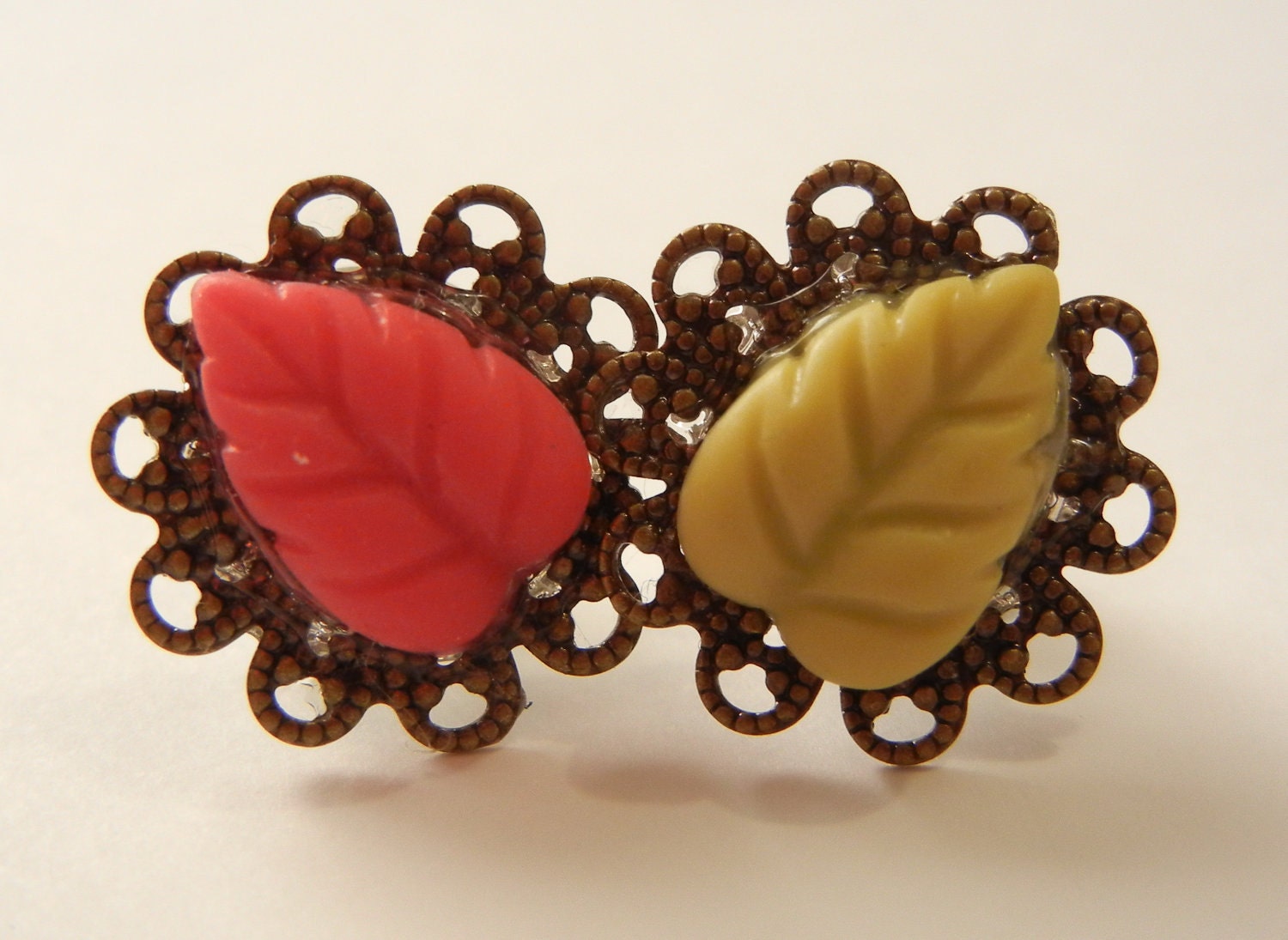 Resin Leaf Brooch, Victorian Leaf Pins, Brass and Resin Brooches, Cayenne Red and Olive Green