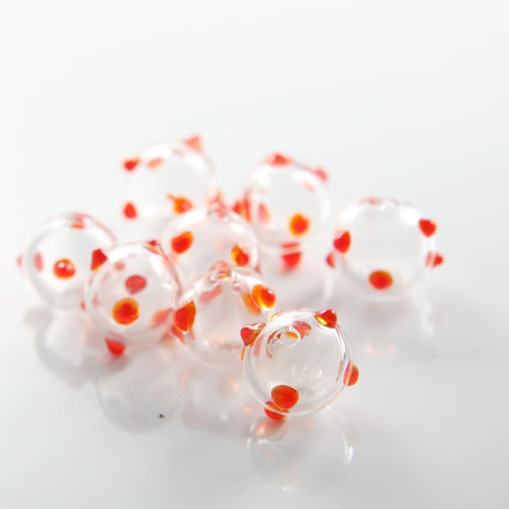 10pcs Hand Blown Hollow Glass Beads-Near Bumpy Round Clear and Orange 15x14mm (60H3)