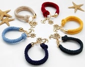 Nautical bracelet, deep green crochet, gold plated rudder and anchor - ready to ship