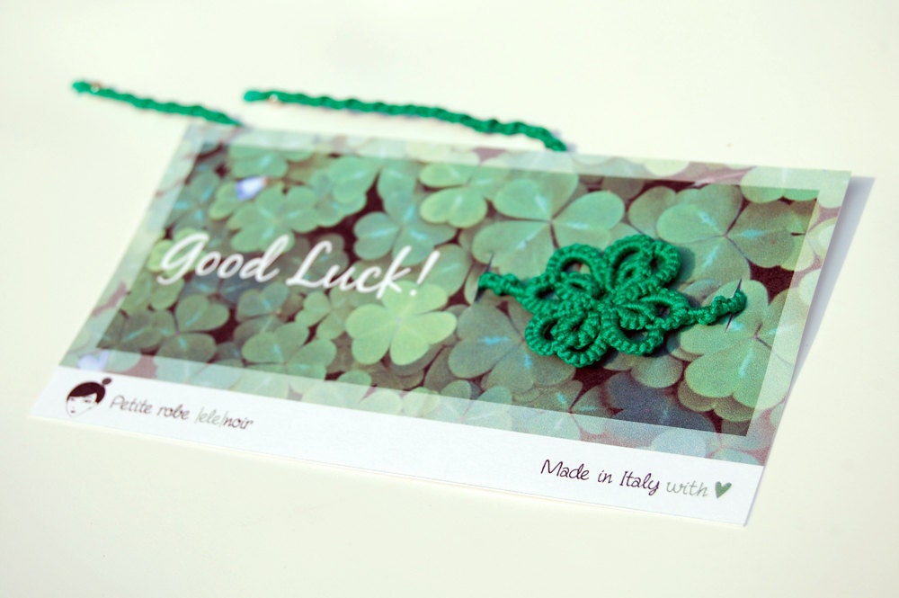 Lucky four-leaf clover bracelet, cotton lace and sterling silver beads - made to order