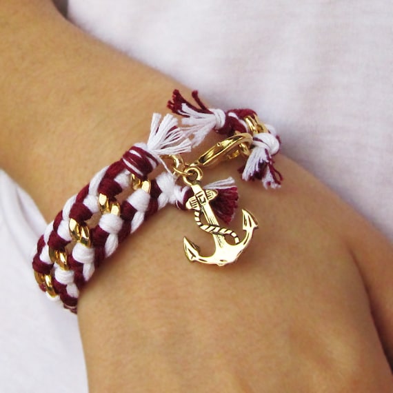 Nautical bracelet, white, red and gold chain, and an anchor charm - Made to order