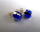 Sea Glass Miniature Stud Earrings - Cobalt Blue - Sea Glass Earrings - Sterling Silver