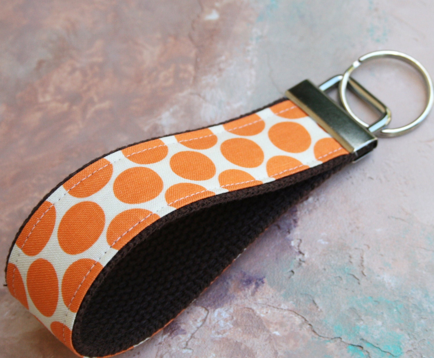 Wrist Key Chain - Key Fob Wristlet Keychain - Fabric Fob - Orange Dots