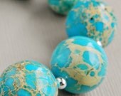 Aqua Blue Impression Jasper Beaded Stretch Bracelet . Tan Round Gemstone . Chunky Sterling Jewelry - Ocean Dunes Handmade Stretch Bracelet