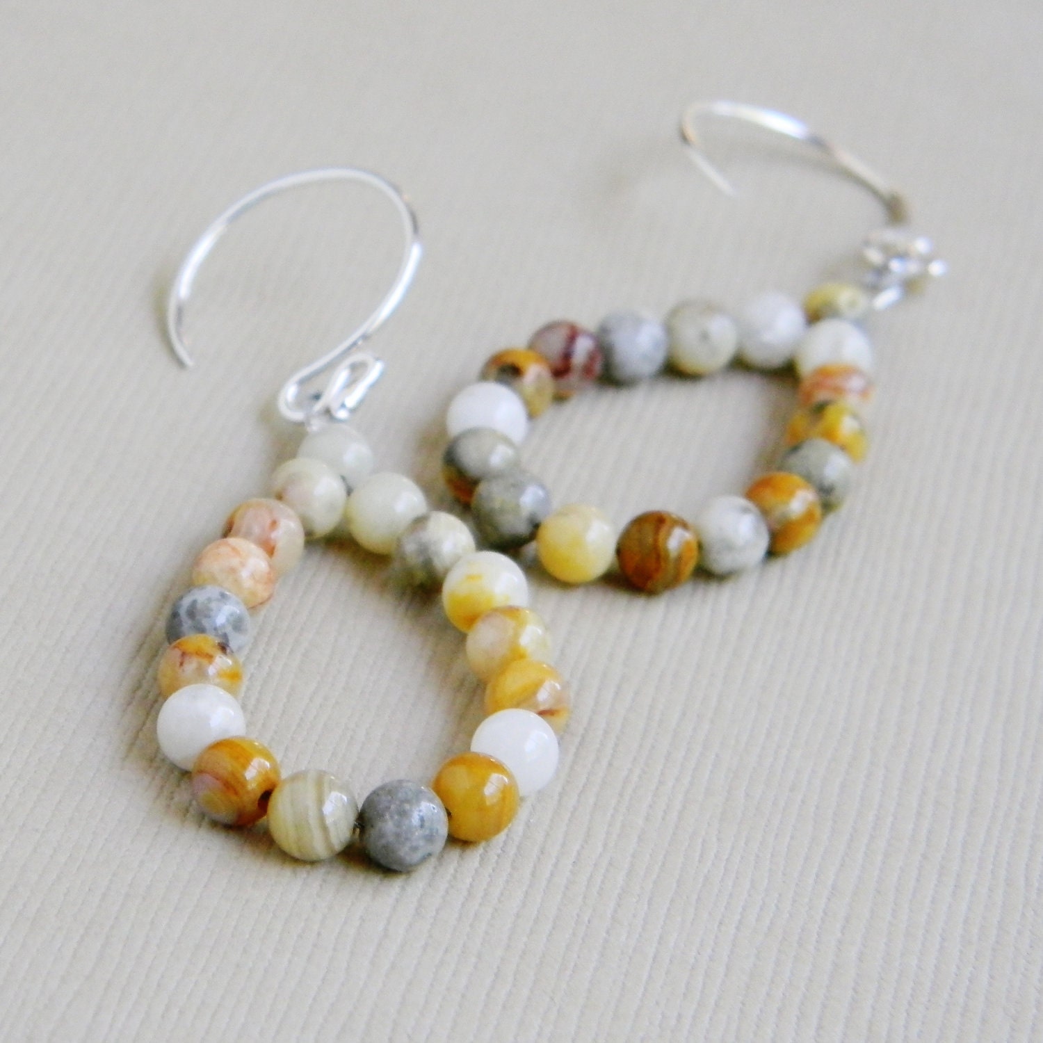 Tan Crazy Lace Agate Beaded Loop Earrings . Cream Round Gemstone . Natural Gray . Sterling Silver Jewelry - The Beach Handmade Earrings