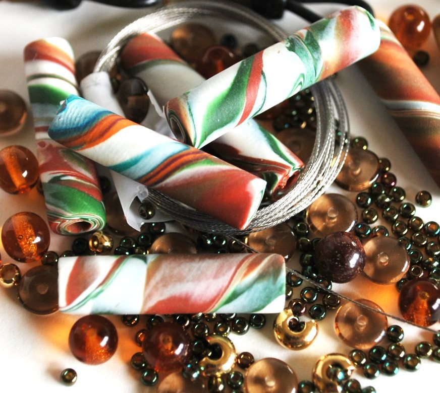 Bead Kit Eyeglass Leash Polymer Clay Striped Tube Brown Green