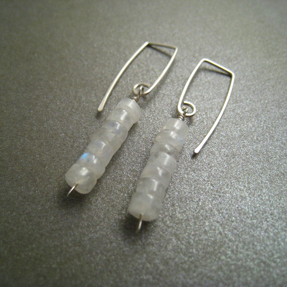 Sterling Silver Dangle Earrings - Rainbow Moonstone - Modern Minimal Simple Beaded Earrings