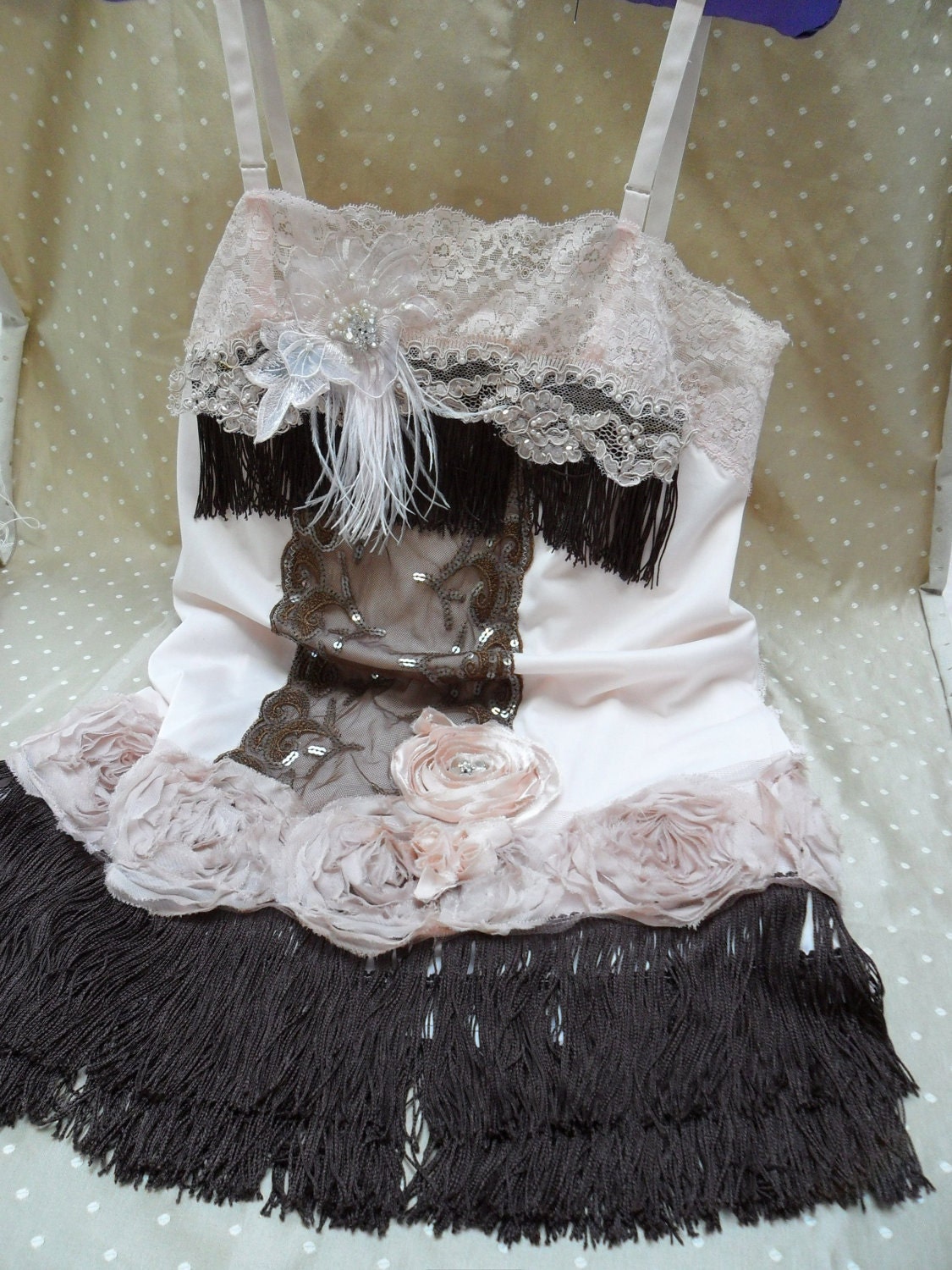 ROARING 20s Flapper Girl 1920s Fringe Jazz Age Speakeasy Great Gatsby - Vintage Slip Make Over - Chocolate and Pink