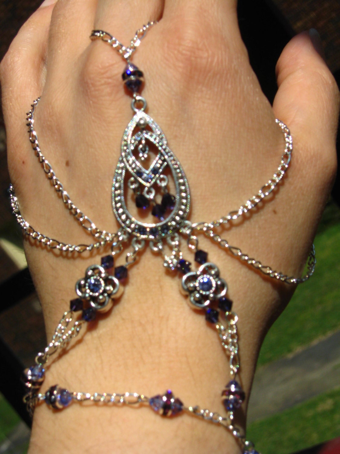 Slave Bracelet Hand Adornment in Velvet andTanzanite Purple Swarovski Crystals, Belly Dance, Weddings, Mid-evil