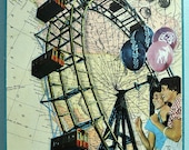 ARTWORK. Wooden Block MapArt using an 1898 Map of North America. Ferris Wheel.