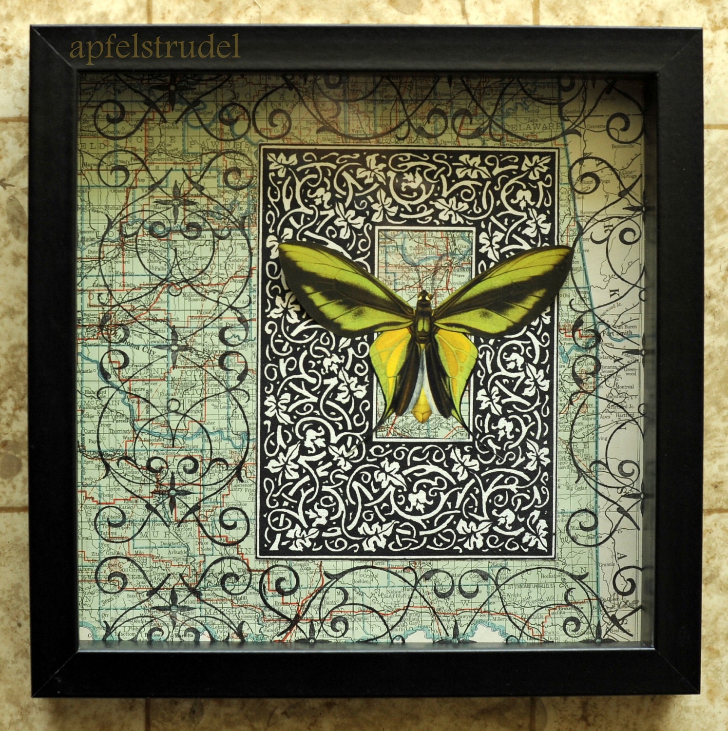 RECYCLED MAPART. Tropical Green Butterfly on 1923 Oklahoma Map in Shadow Box Frame