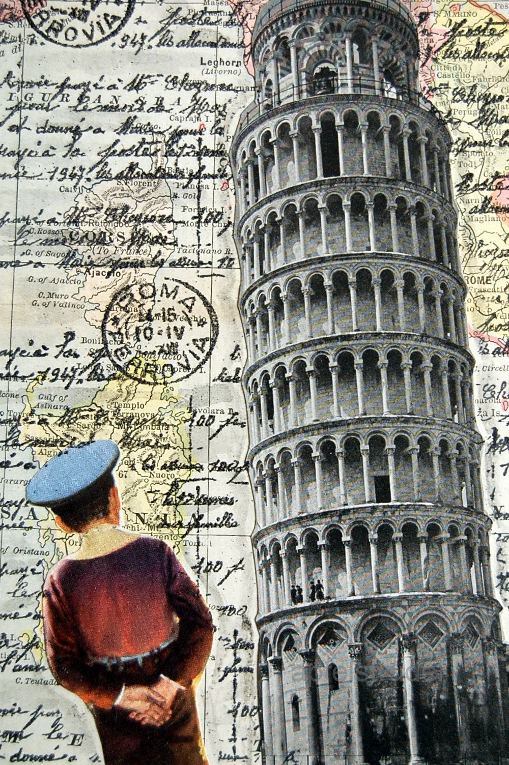ARTWORK. The Leaning Boy of Pisa. Wooden Block MapArt using an 1898 map of Italy. (reserved)
