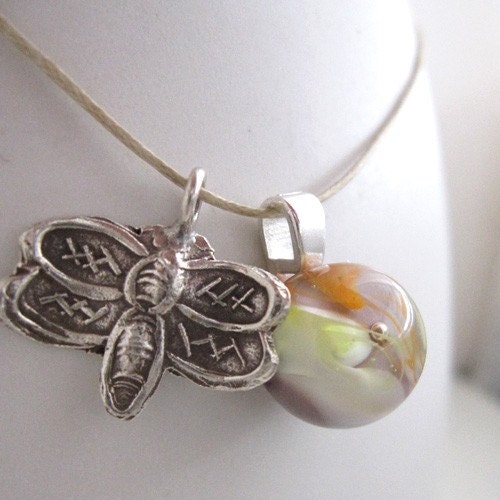 Mauve and Green Protozoan Necklace with Bee Charm