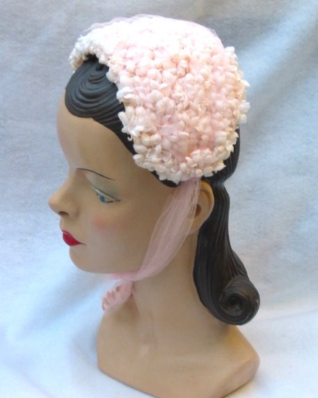Pink Hat 1950s 1960s 50s 60s Flowers w/Tulle Ties LAYAWAY Available