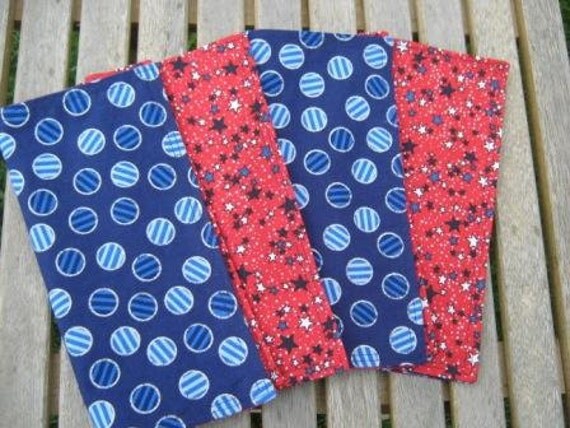 HALF PRICE Handmade Set of Four Cloth Napkins Lunch Size in Red White and Blue Stars and Dots